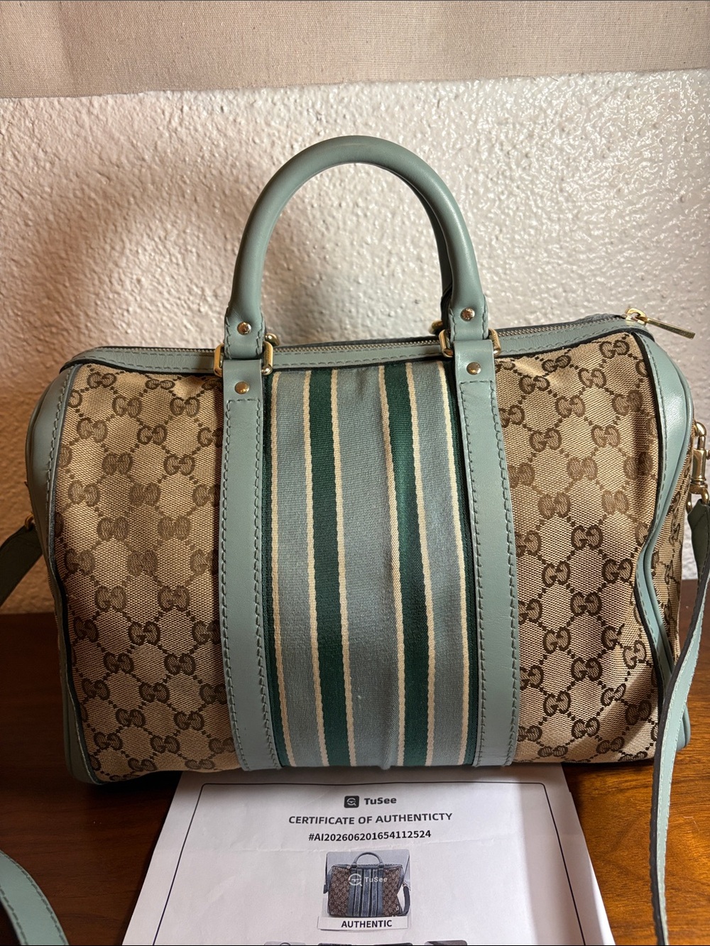 Gucci GG Canvas Boston Bag with Blue Green Stripes - Authentic Vintage COA - Picture 4 of 16